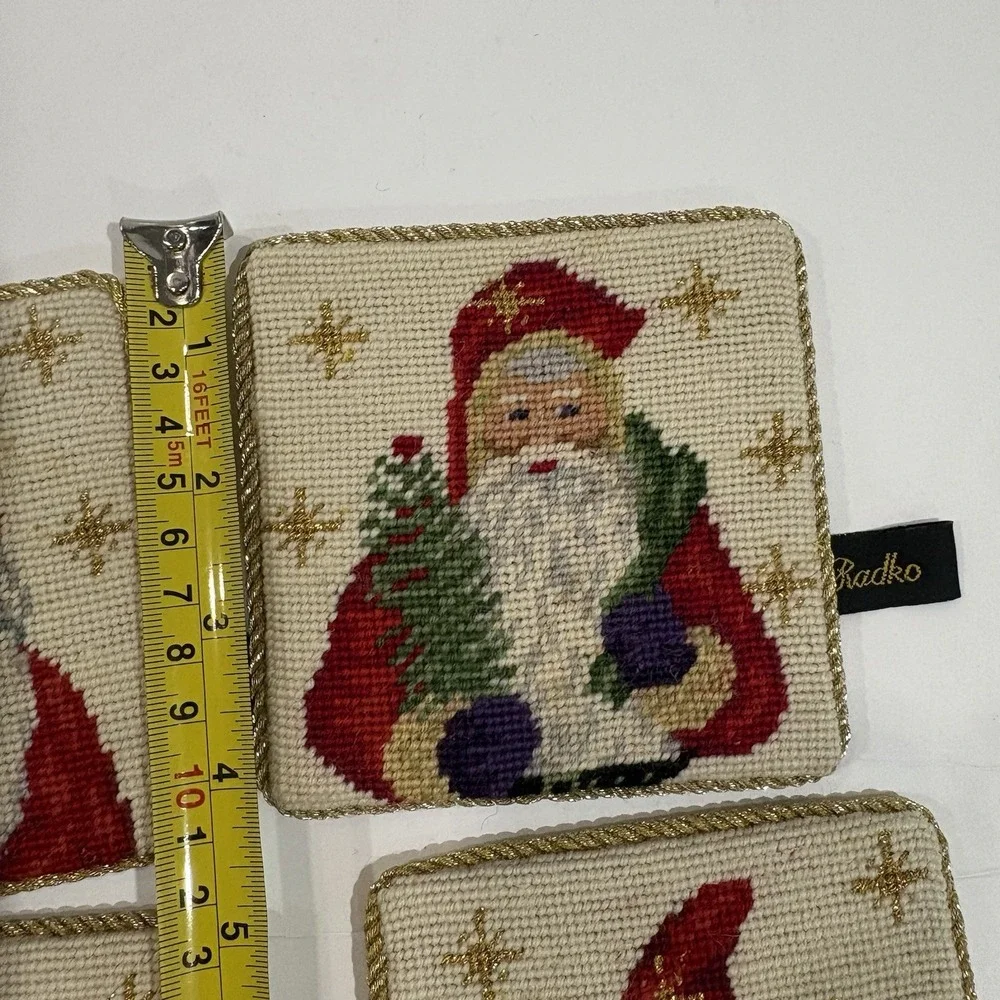 VTG Set of 4 Radko 4" Santa Needlepoint Wool Christmas Coasters Velvet Back - Picture 6 of 6